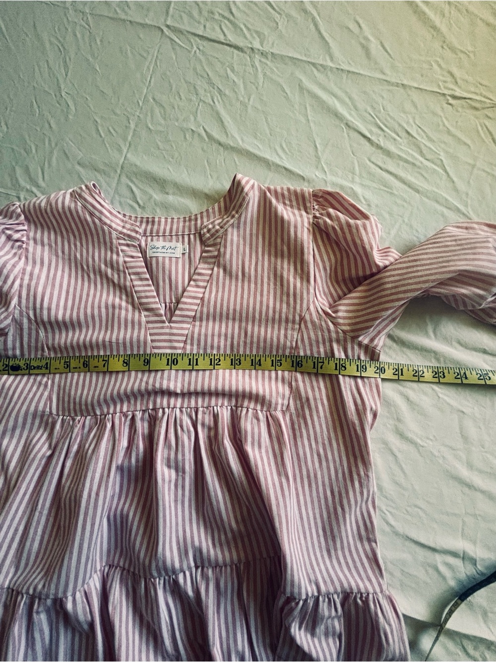 Babydoll Smocked Sleeve Tiered Mini Dress in Soft Pink Stripe - Picture 6 of 7